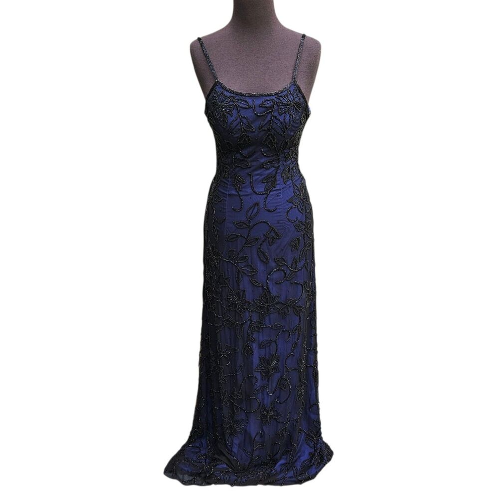 Cache Y2K Silk Navy Blue Black Beaded Gown Maxi Dress Back Slit Prom Formal XS